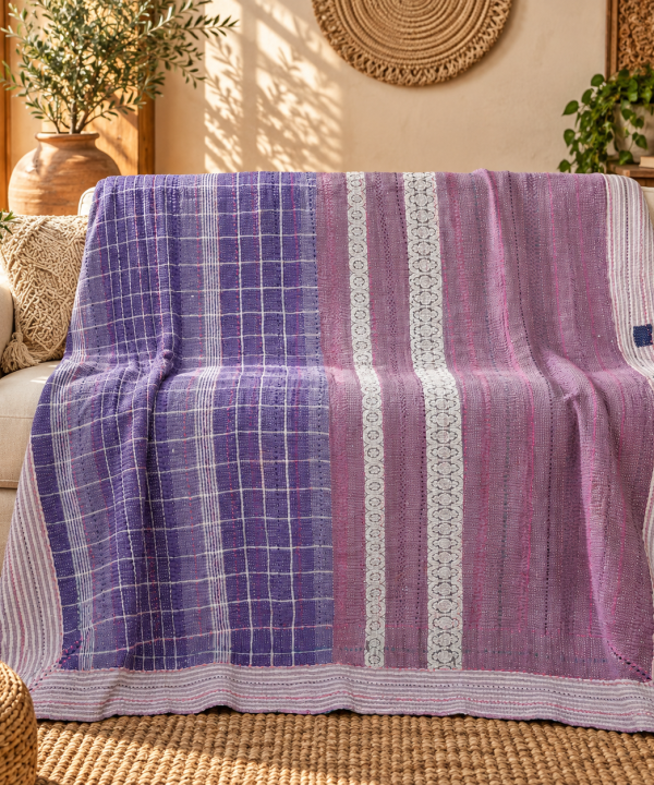 Purple & Lavender Vintage Kantha Quilt 60 x 90 Inches – Handmade Cotton Bedspread – One of a Kind