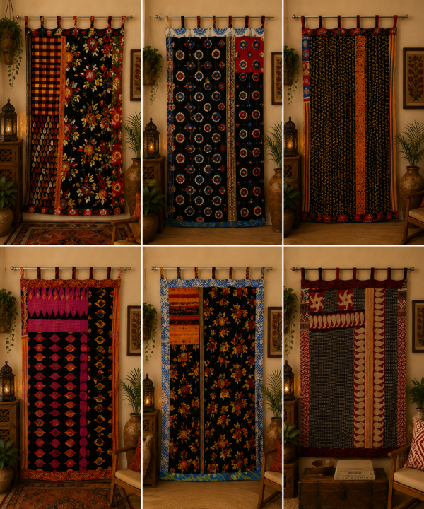 Black Vintage Kantha Curtain – Handmade Cotton Patchwork Boho Indian Window Door Curtain – 1 Pc