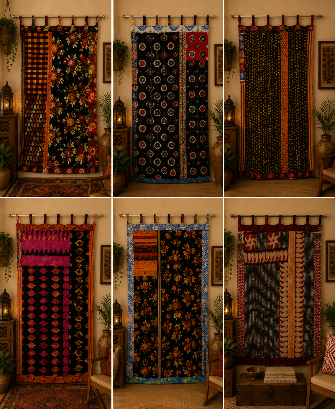 Black Vintage Kantha Curtain – Handmade Cotton Patchwork Boho Indian Window Door Curtain – 1 Pc