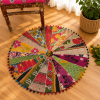 Vintage Kantha Round Floor Cushion Cover – Handmade Patchwork Boho Pouf Cover with Pom Pom Trim - Image 3