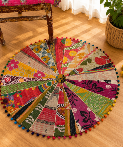 Alternative view of Multicolor Vintage Kantha Round Floor Cushion Cover – Handmade Patchwork Boho Pouf Cover with Pom Pom Trim