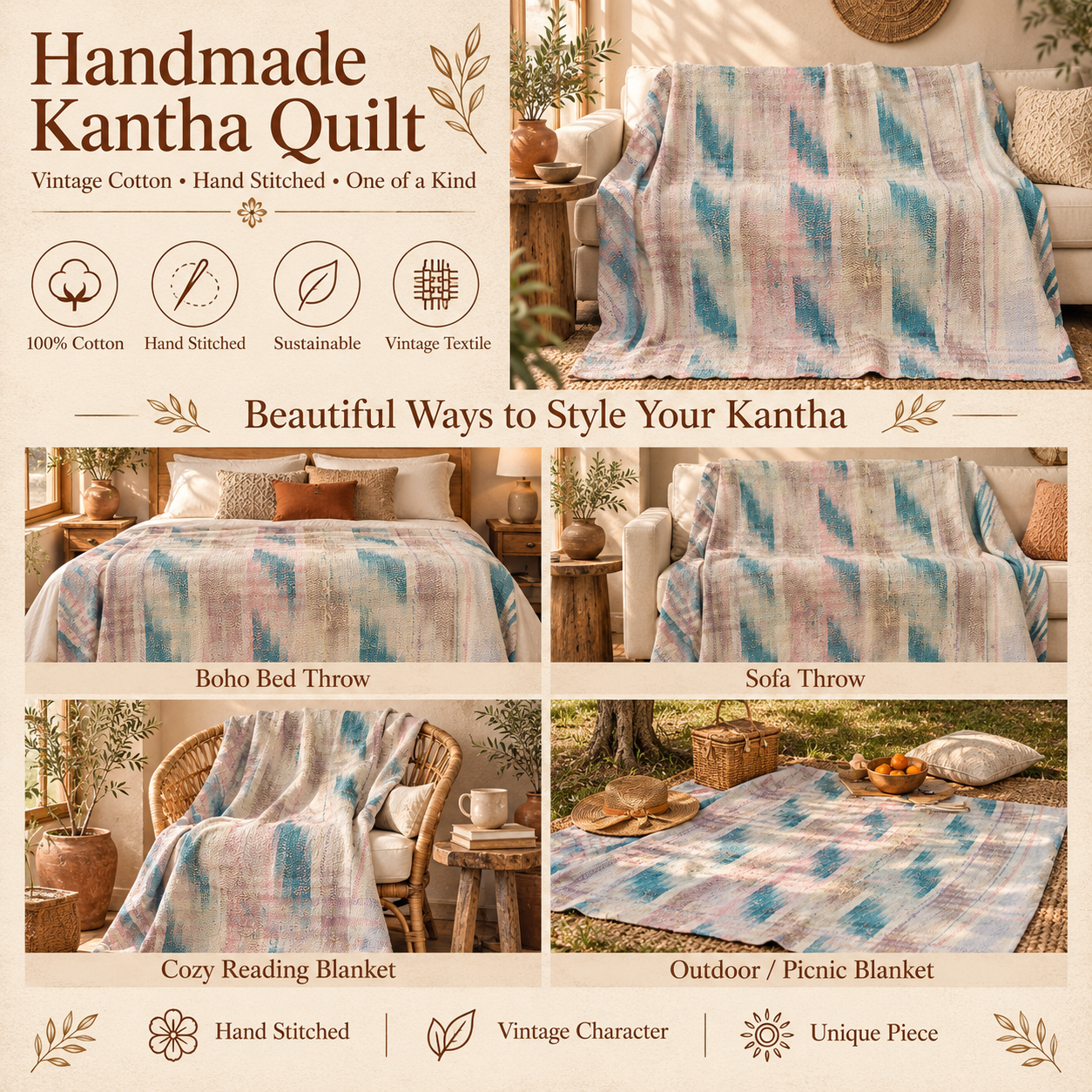 Aqua Blue & Blush Pink Vintage Kantha Quilt 60 x 90 Inches – Handmade Cotton Bedspread – One of a Kind - Image 4