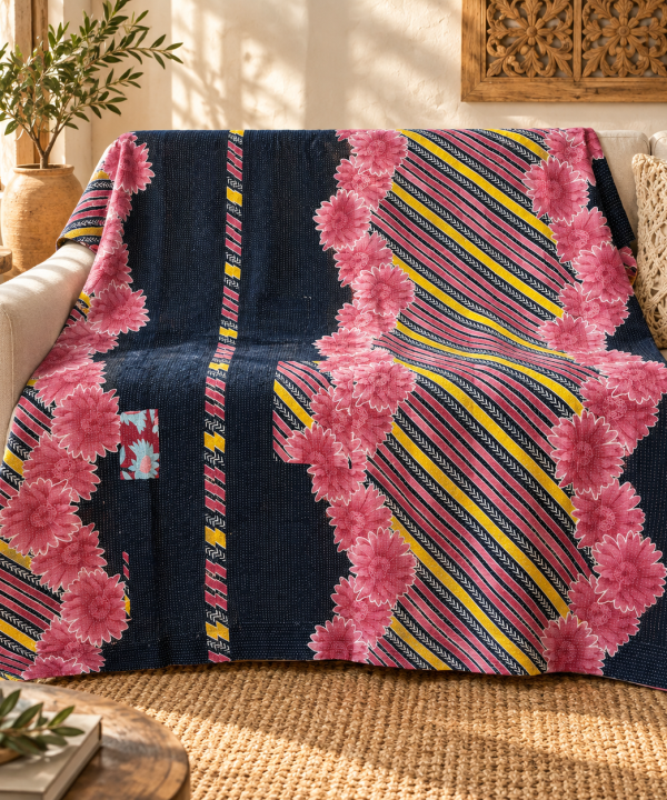 Vintage Navy Blue & Pink Kantha Quilt 60x90 Inches – Handmade Floral Cotton Bedspread Throw