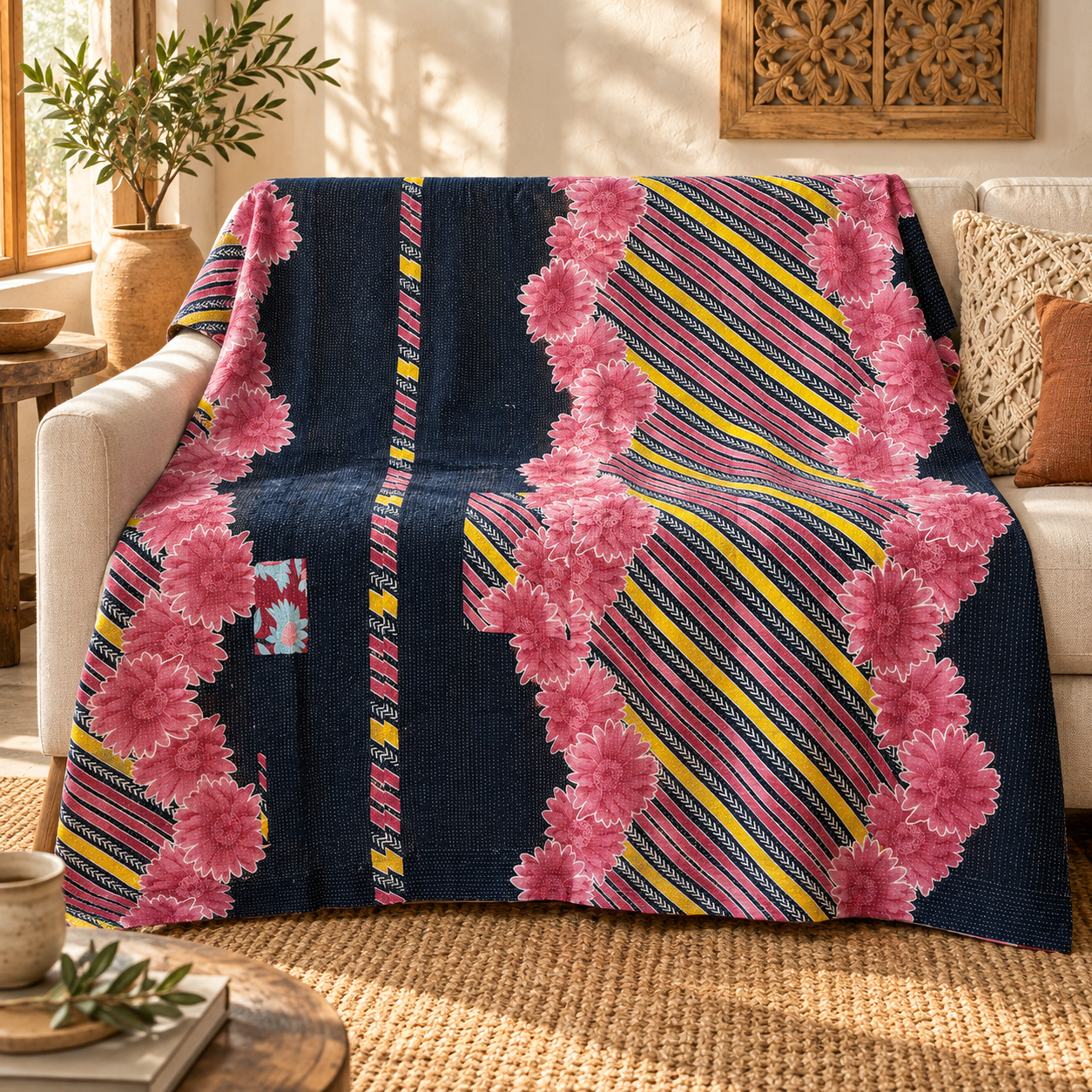 Vintage Navy Blue & Pink Kantha Quilt 60x90 Inches – Handmade Floral Cotton Bedspread Throw