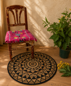 Handmade Round Jute Rug – Assorted Printed & Braided Boho Area Rug – Natural Indian Floor Mat