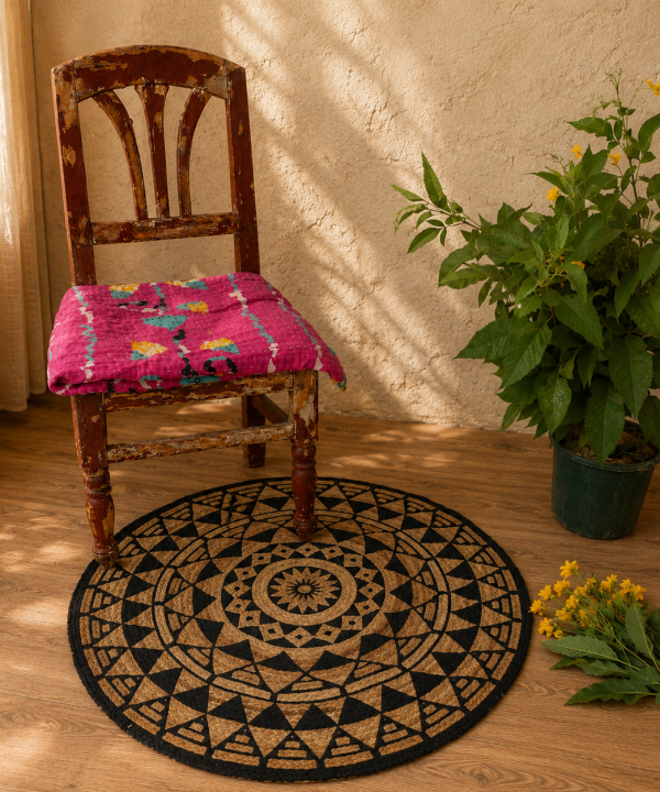 Handmade Round Jute Rug – Assorted Printed & Braided Boho Area Rug – Natural Indian Floor Mat