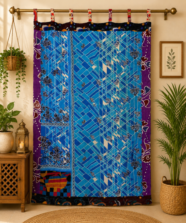 Alternative view of Blue Vintage Kantha Curtain – Handmade Cotton Patchwork Boho Indian Window Door Curtain – 1 Pc
