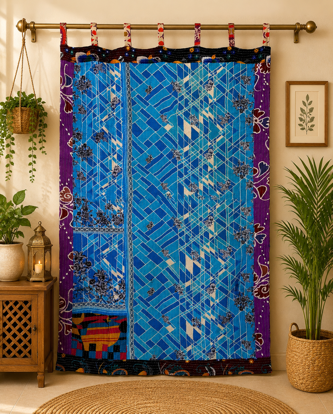 Blue Vintage Kantha Curtain – Handmade Cotton Patchwork Boho Indian Window Door Curtain – 1 Pc - Image 2