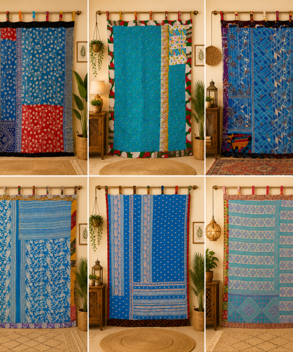 Blue Vintage Kantha Curtain – Handmade Cotton Patchwork Boho Indian Window Door Curtain – 1 Pc