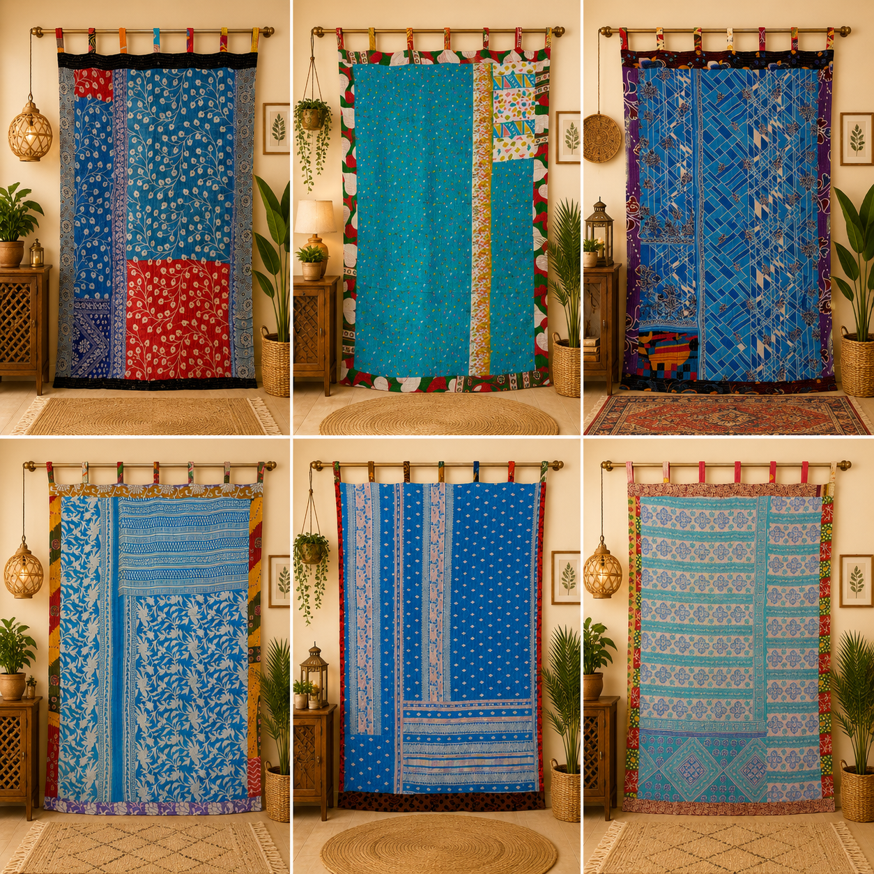 Blue Vintage Kantha Curtain – Handmade Cotton Patchwork Boho Indian Window Door Curtain – 1 Pc