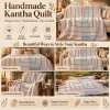 Ivory White Vintage Kantha Quilt 60 x 90 Inches – Red Green Hand Stitched Cotton Bedspread – One of a Kind - Image 4