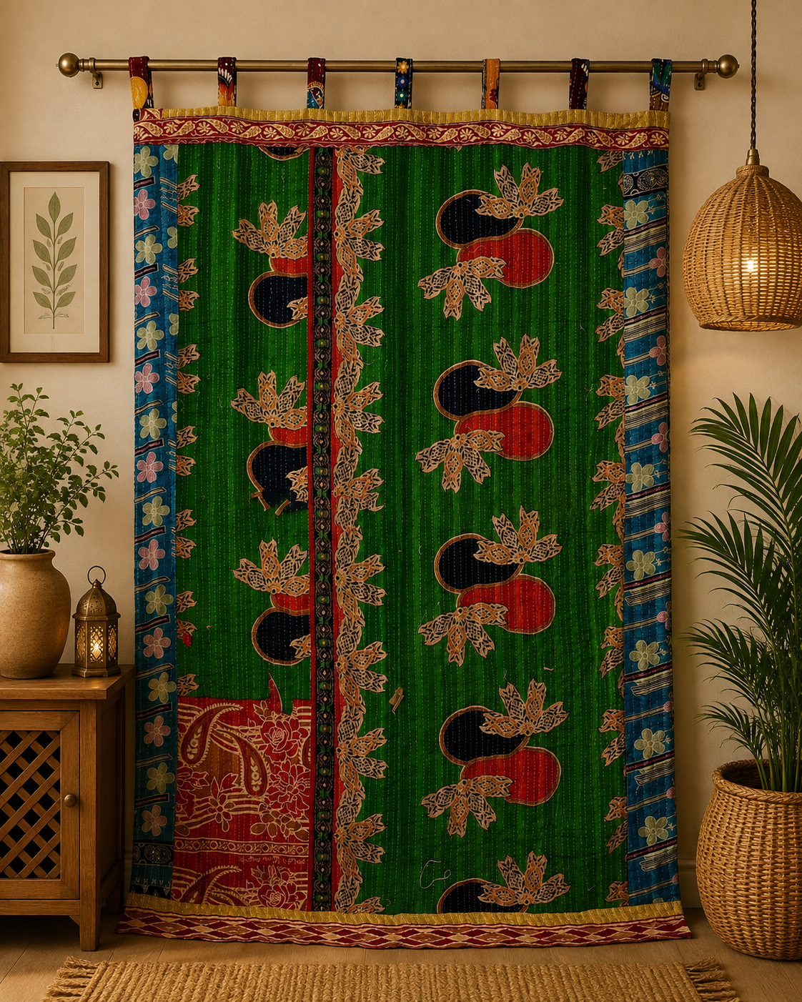Green Vintage Kantha Curtain – Handmade Cotton Patchwork Boho Indian Window Door Curtain – 1 Pc - Image 5
