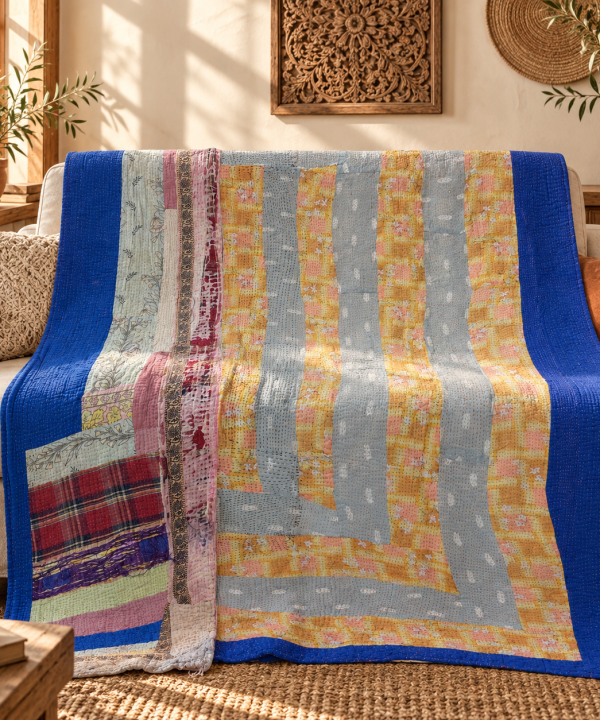 Vintage Kantha Quilt Blue Grey Mustard Cotton Throw – Handmade Indian Bedspread 60 x 90 Inches
