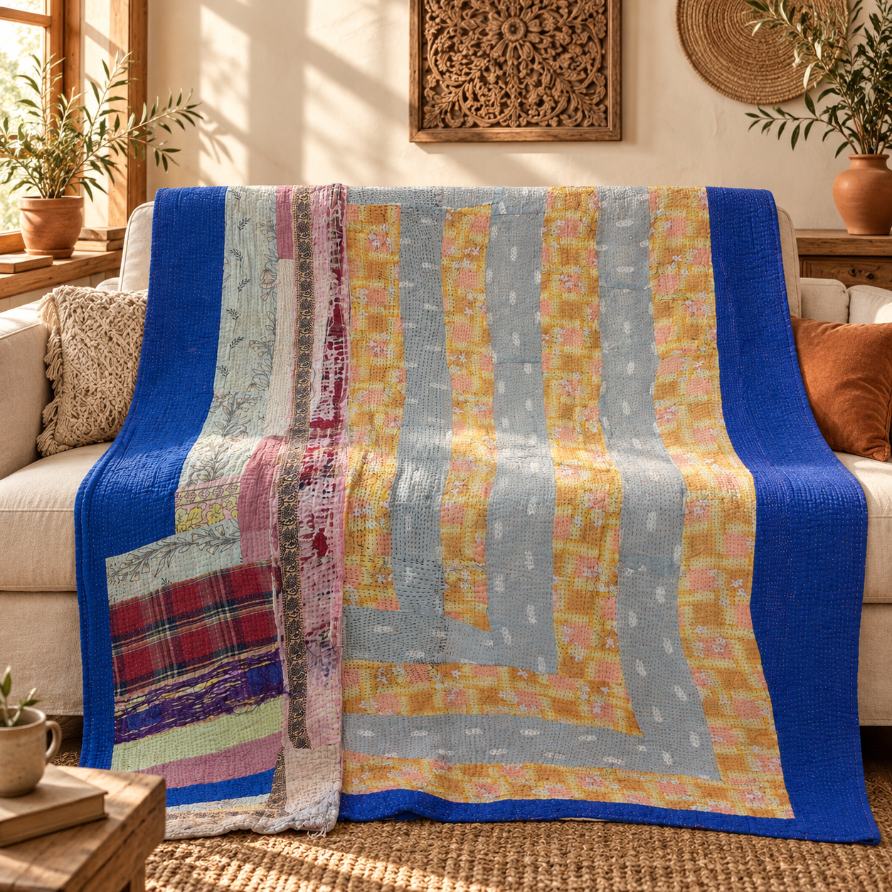 Vintage Kantha Quilt Blue Grey Mustard Cotton Throw – Handmade Indian Bedspread 60 x 90 Inches