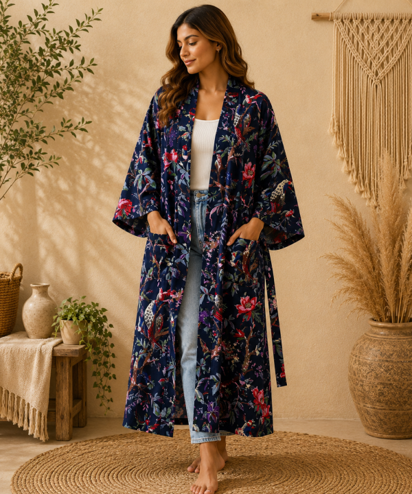Navy Blue Floral Bird Print Cotton Kimono Robe for Women – Boho Long Maxi Kimono, Free Size Belted Dressing Gown
