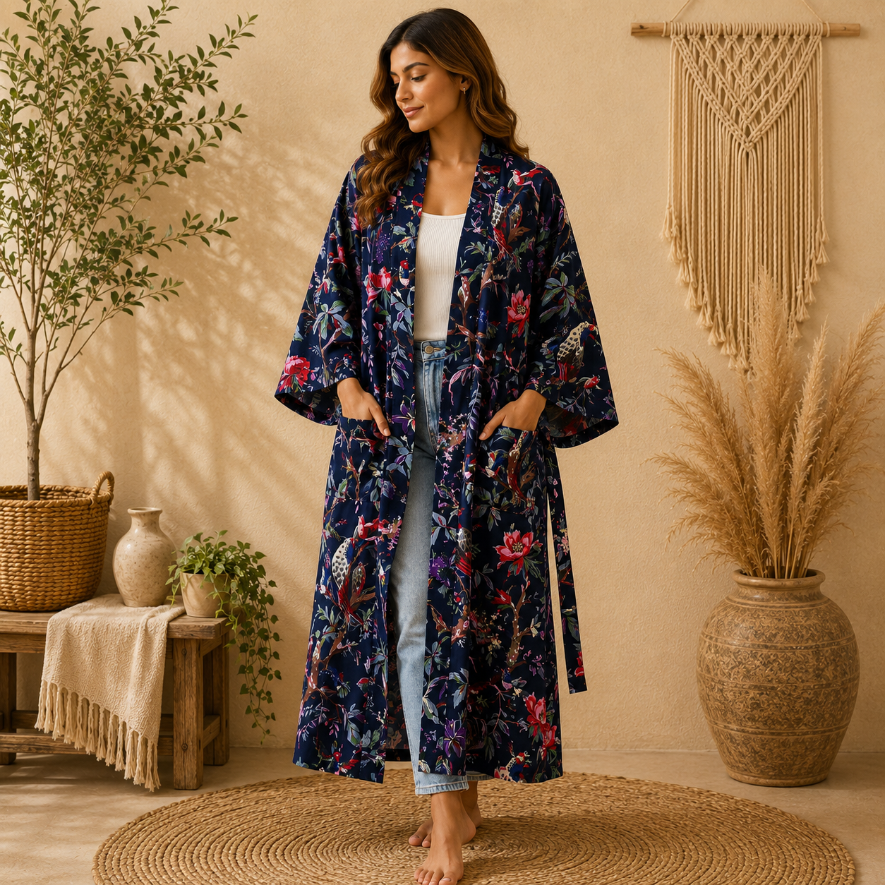 Navy Blue Floral Bird Print Cotton Kimono Robe for Women – Boho Long Maxi Kimono, Free Size Belted Dressing Gown