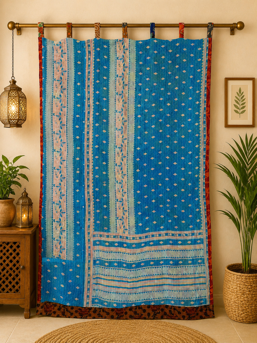 Blue Vintage Kantha Curtain – Handmade Cotton Patchwork Boho Indian Window Door Curtain – 1 Pc - Image 4