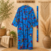 Royal Blue Floral Print Long Kimono Robe for Women – Boho Bird Print Maxi Dressing Gown, Belted Free Size Kimono - Image 4