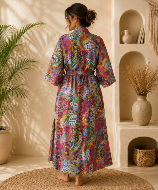 Alternative view of Pink Multicolor Floral Paisley Long Kimono Robe – Boho Printed Maxi Kimono Jacket for Women