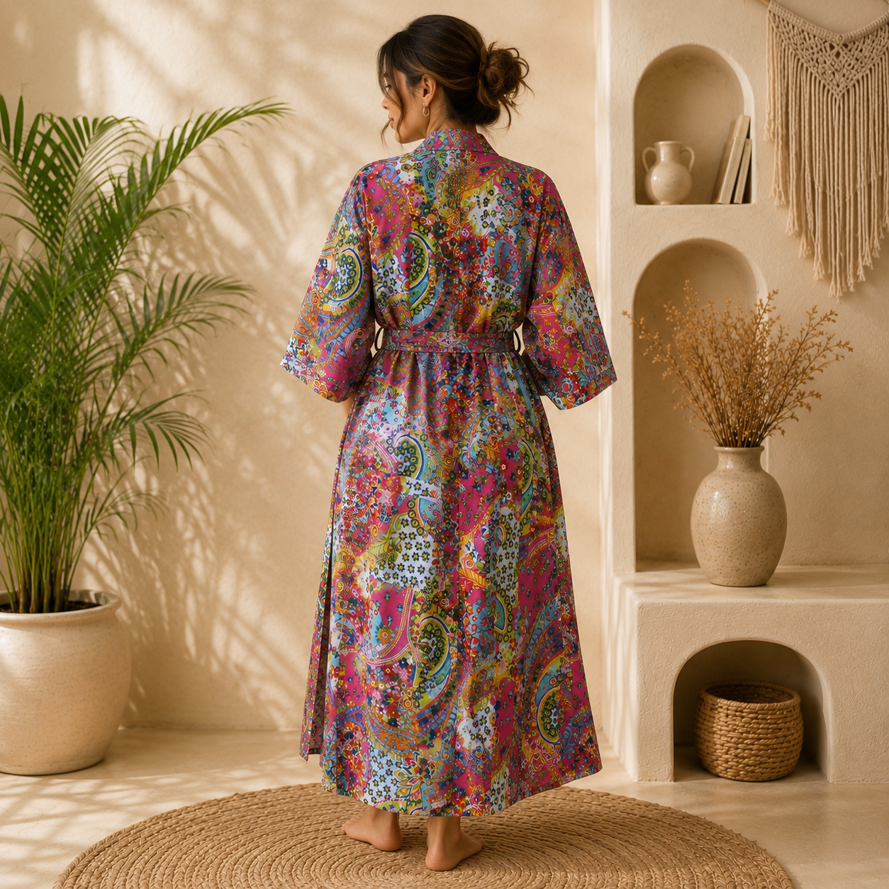 Pink Multicolor Floral Paisley Long Kimono Robe – Boho Printed Maxi Kimono Jacket for Women - Image 2