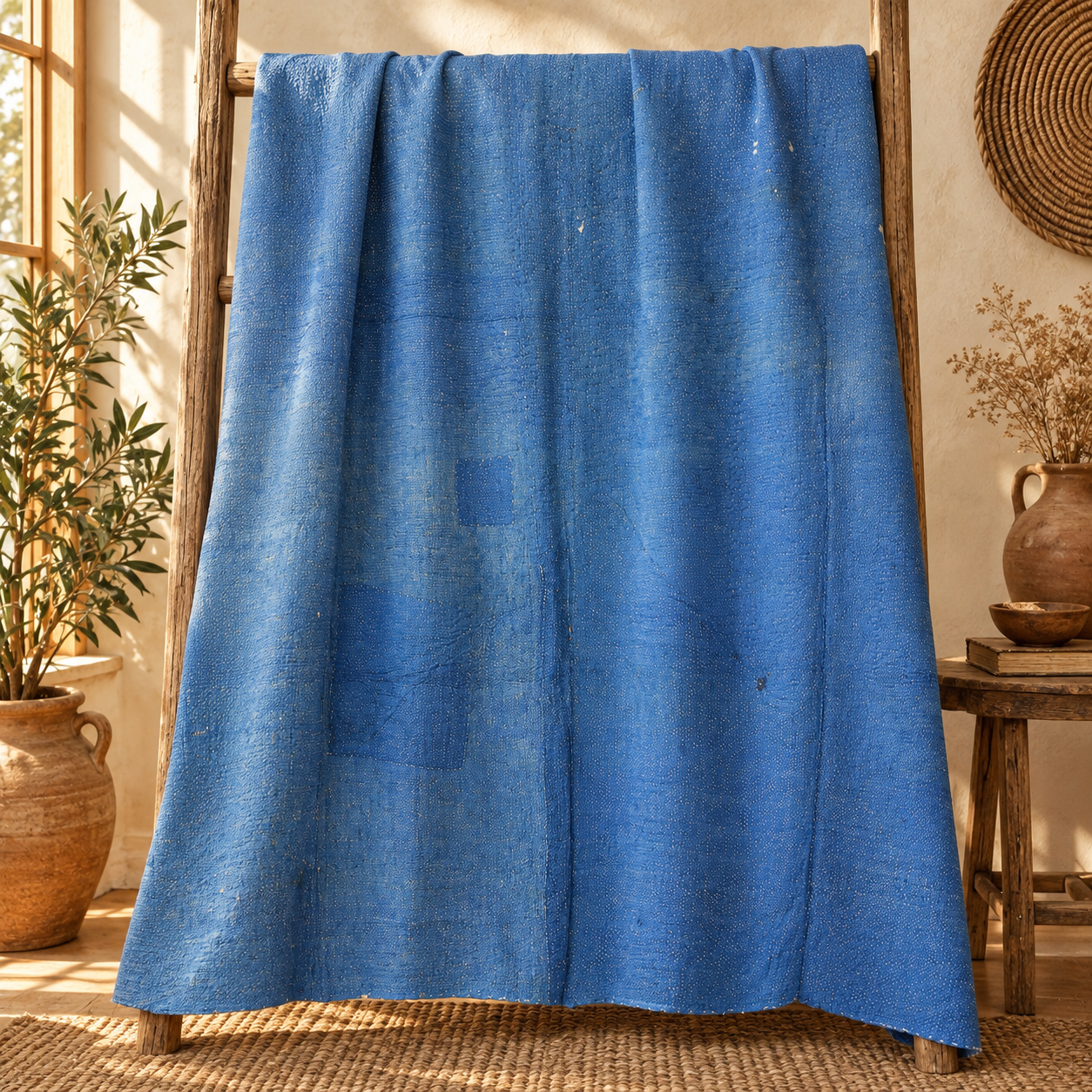Light Blue & Lavender Vintage Kantha Quilt 60 x 90 Inches – Handmade Floral Cotton Bedspread – One of a Kind - Image 5