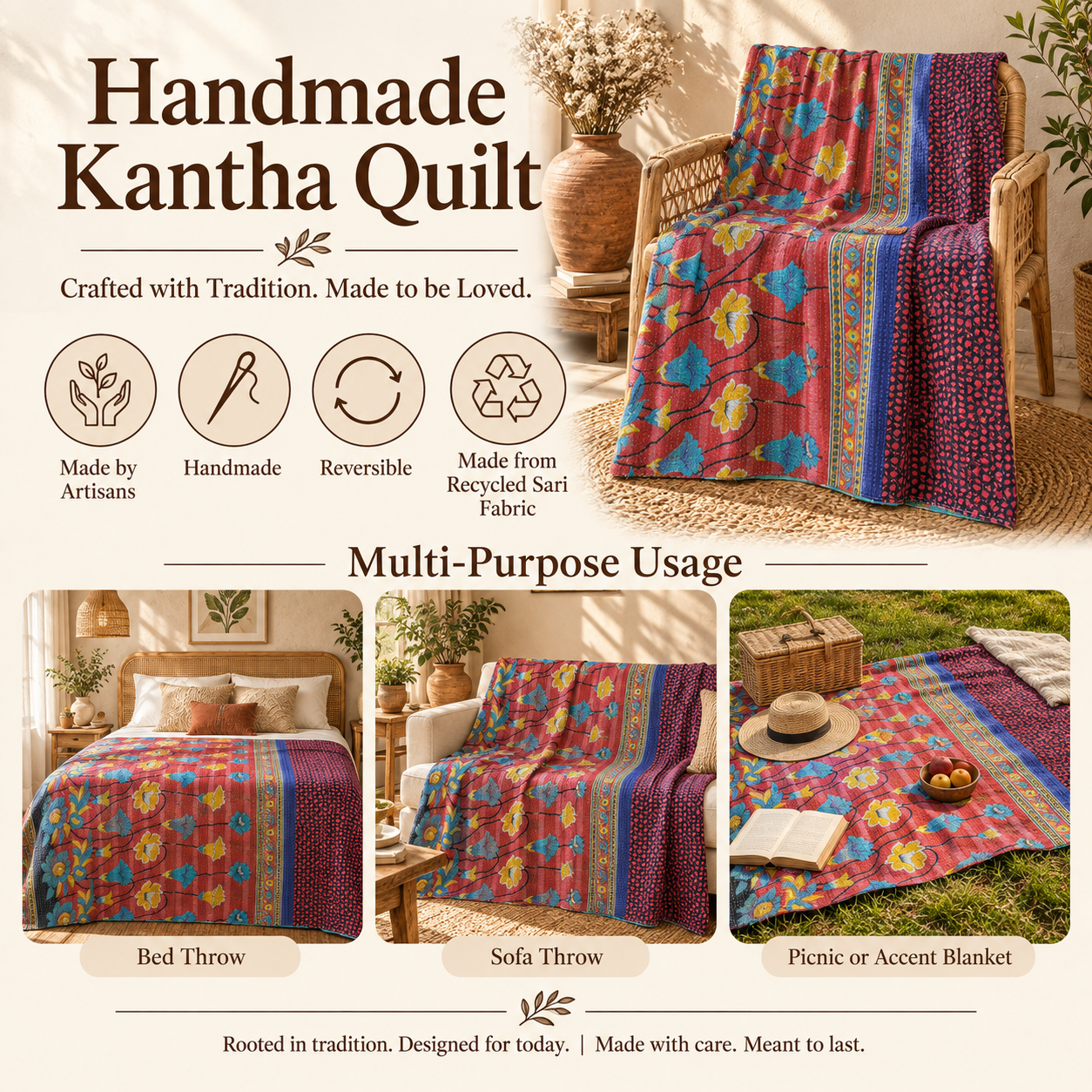 Vintage Handmade Kantha Quilt – Red Floral Recycled Sari Throw, Reversible Indian Bedspread & Boho Blanket - Image 3