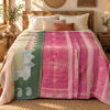 Vintage Pink & Green Kantha Quilt – Hand Stitched Cotton Bedspread 60 x 90 Inches - Image 2