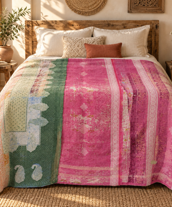 Alternative view of Vintage Pink & Green Kantha Quilt – Hand Stitched Cotton Bedspread 60 x 90 Inches