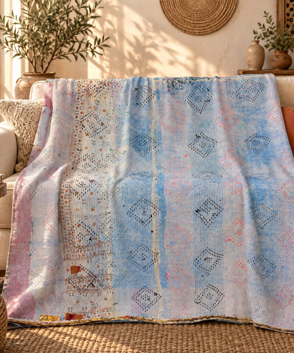 Powder Blue & Pink Vintage Kantha Quilt 60 x 90 Inches – Handmade Cotton Bedspread – One of a Kind