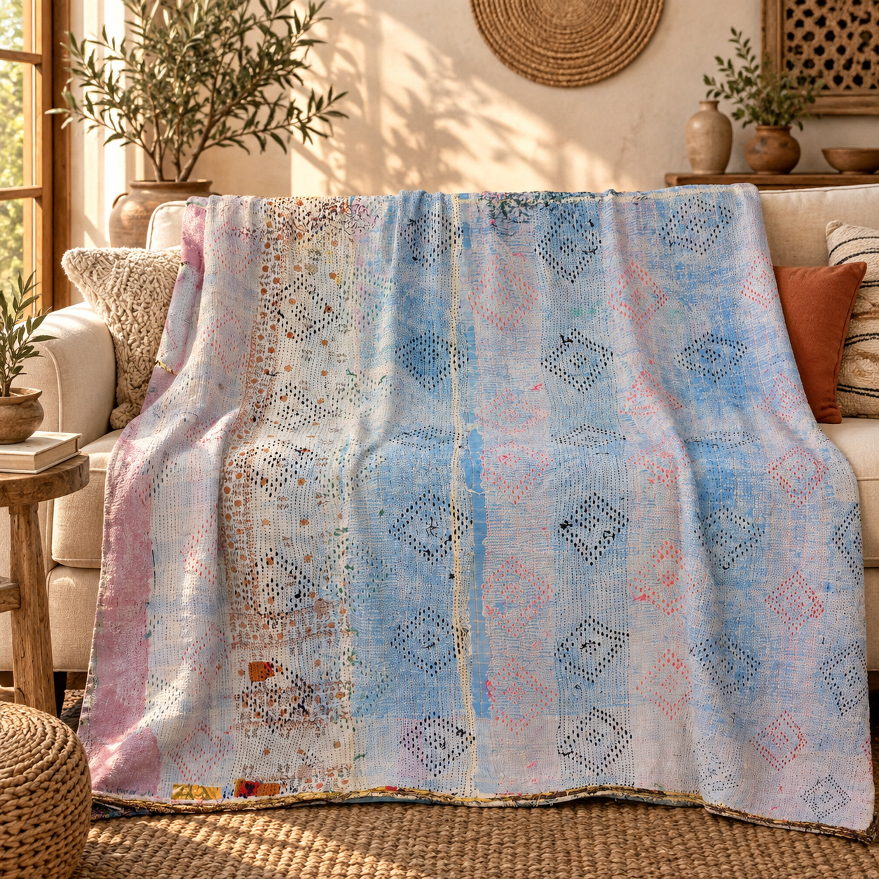Powder Blue & Pink Vintage Kantha Quilt 60 x 90 Inches – Handmade Cotton Bedspread – One of a Kind