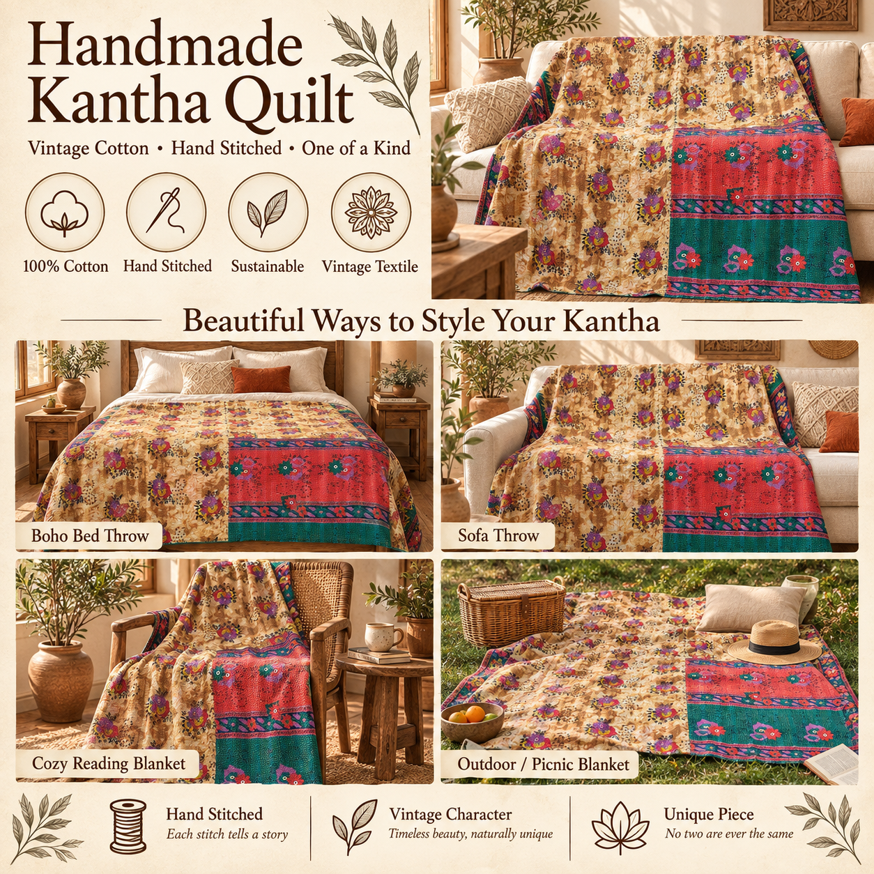 Vintage Beige Red & Green Kantha Quilt 60x90 Inches – Handmade Floral Cotton Bedspread Throw - Image 4