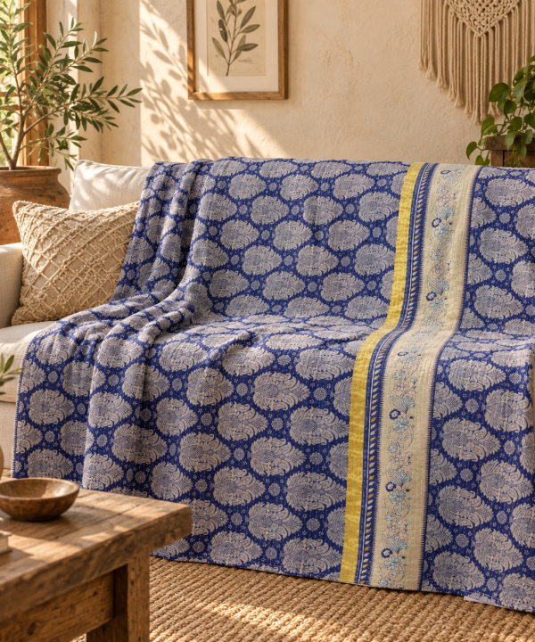 Vintage Handmade Kantha Quilt – Royal Blue & Cream Floral Recycled Cotton Bedspread, Indian Boho Sofa Throw