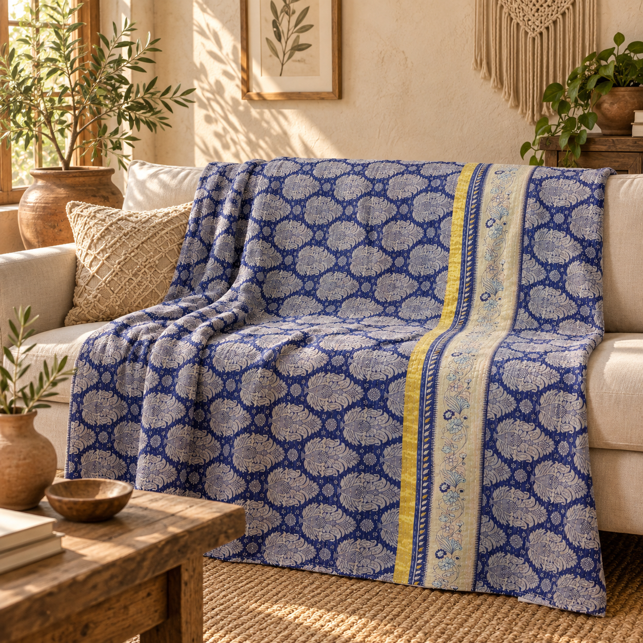 Vintage Handmade Kantha Quilt – Royal Blue & Cream Floral Recycled Cotton Bedspread, Indian Boho Sofa Throw