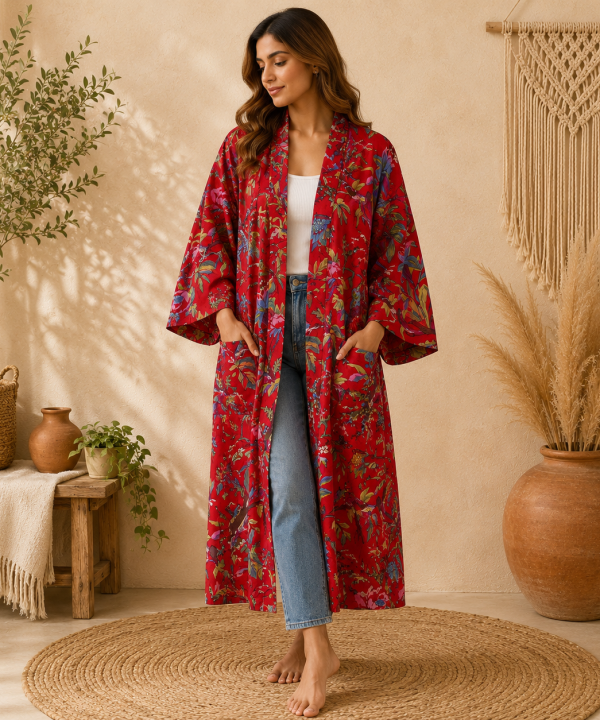 Red Floral Print Cotton Long Kimono Robe for Women – Boho Maxi Kimono Jacket, Free Size Open Front Cover Up