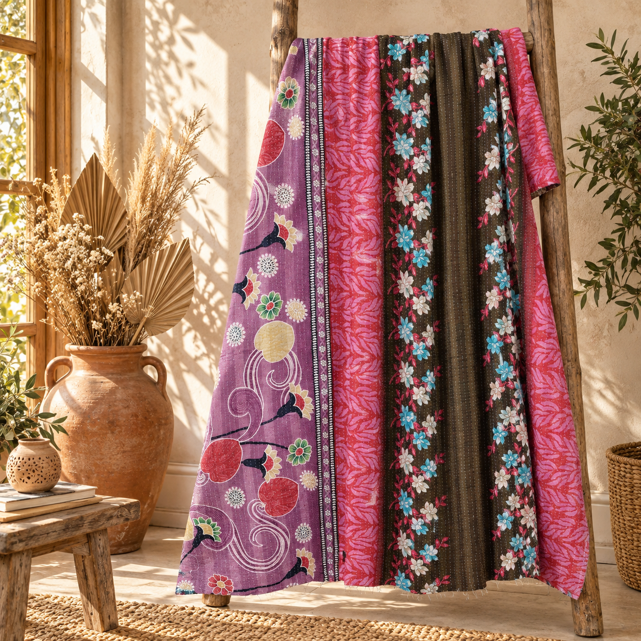 Vintage Handmade Kantha Quilt Pink & Green Floral Recycled Sari Cotton Boho Throw Blanket - Image 5