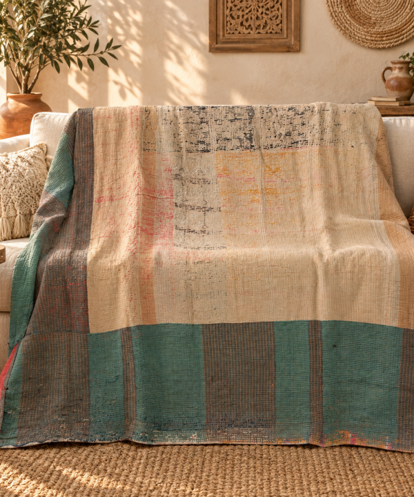 Teal Green & Beige Vintage Kantha Quilt 60 x 90 Inches – Handmade Cotton Patchwork Bedspread – One of a Kind