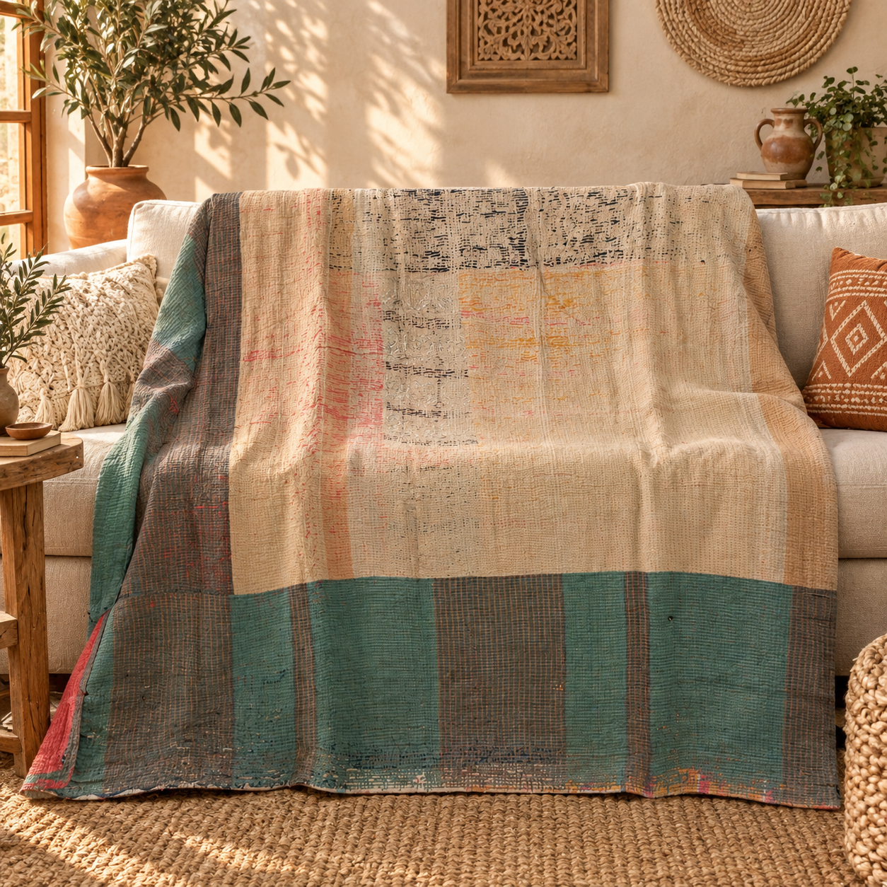 Teal Green & Beige Vintage Kantha Quilt 60 x 90 Inches – Handmade Cotton Patchwork Bedspread – One of a Kind