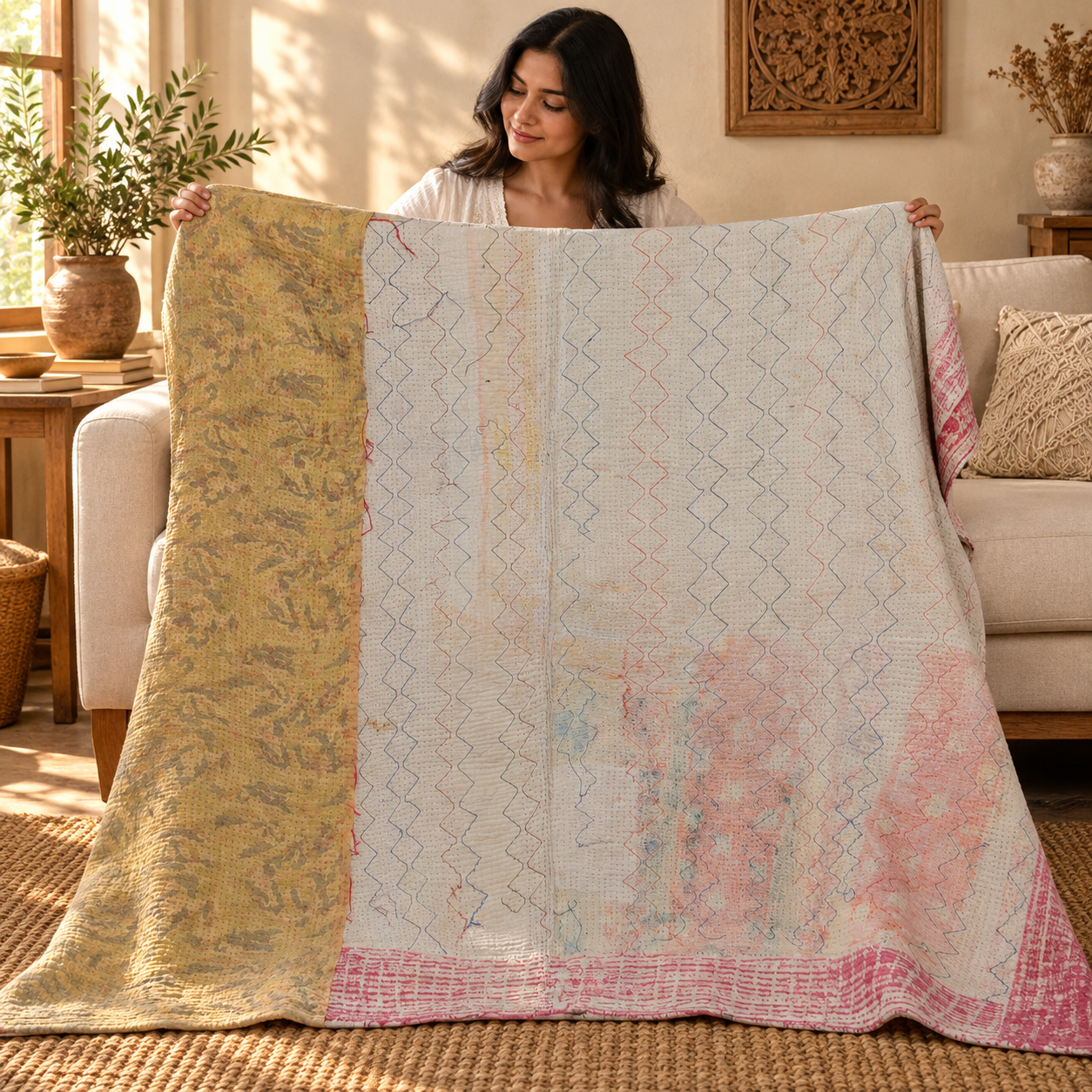 Vintage Ivory & Mustard Kantha Quilt 60x90 Inches – Hand Stitched Cotton Boho Throw - Image 3