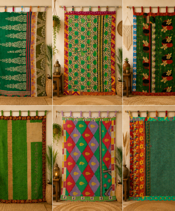 Green Vintage Kantha Curtain – Handmade Cotton Patchwork Boho Indian Window Door Curtain – 1 Pc