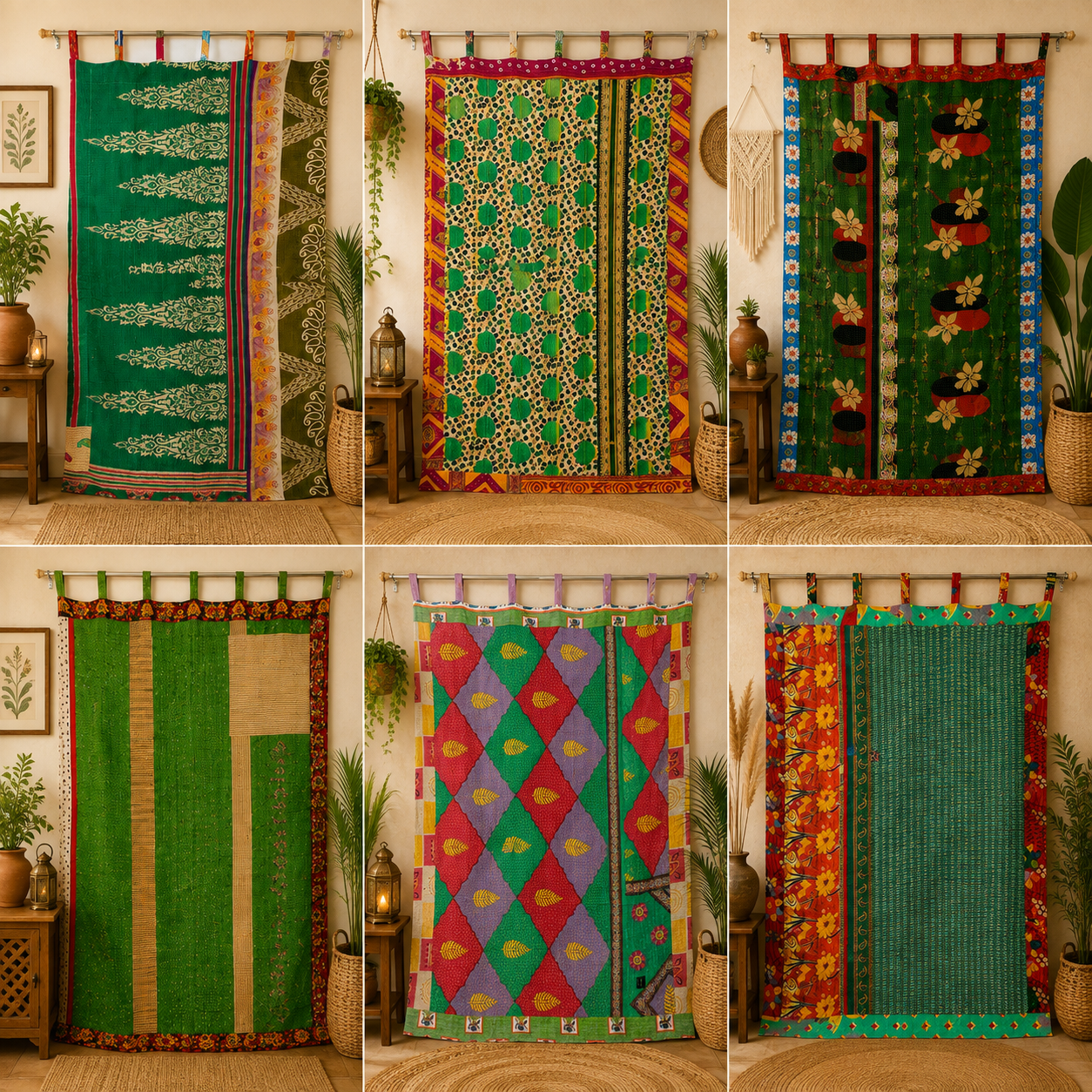 Green Vintage Kantha Curtain – Handmade Cotton Patchwork Boho Indian Window Door Curtain – 1 Pc