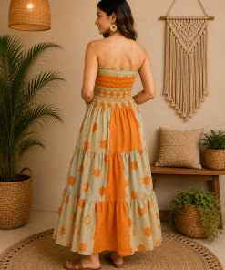 Alternative view of Orange & Cream Floral Maxi Dress – Strapless Smocked Tiered Boho Summer Dress