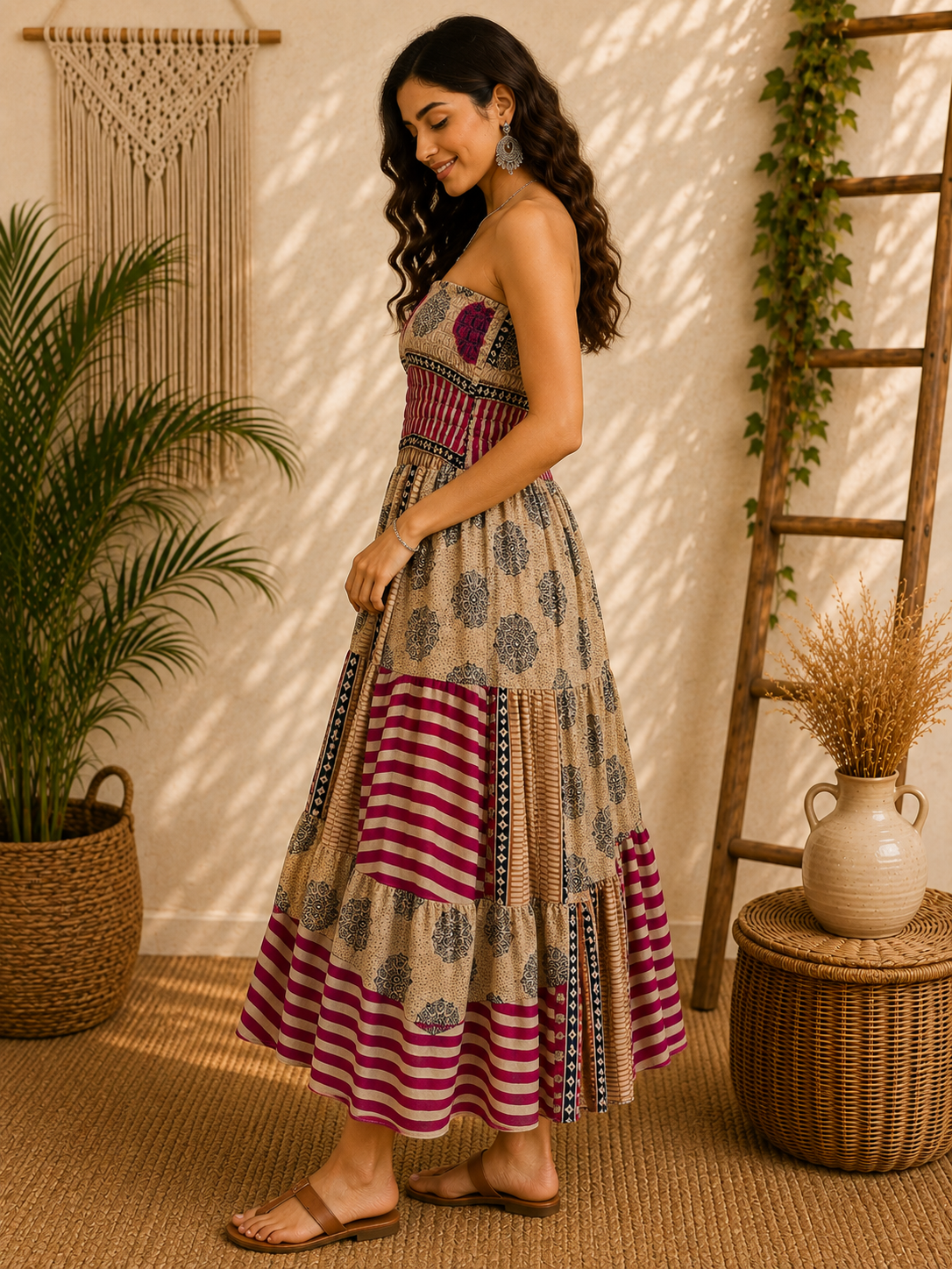 Beige Magenta & Black Patchwork Maxi Dress – Strapless Smocked Tiered Boho Printed Summer Dress - Image 3
