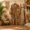 Burnt Orange Paisley Print Cotton Long Kimono Robe for Women – Boho Maxi Kimono, Free Size Belted Robe with Pockets - Image 4