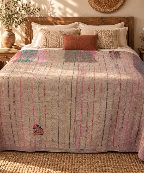 Alternative view of Vintage Dusty Pink & Beige Kantha Quilt 60x90 Inches – Handmade Striped Cotton Bedspread Throw