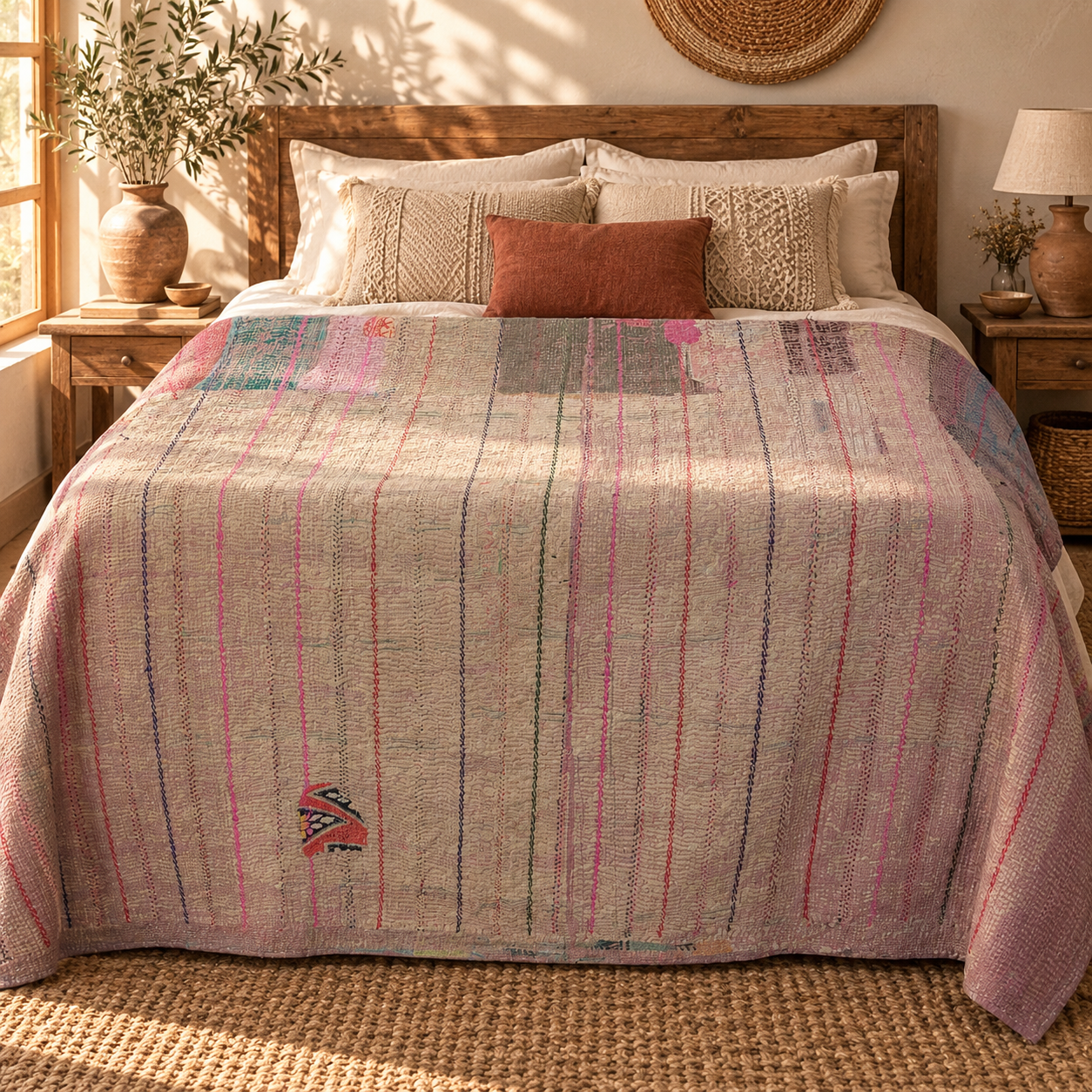 Vintage Dusty Pink & Beige Kantha Quilt 60x90 Inches – Handmade Striped Cotton Bedspread Throw - Image 2