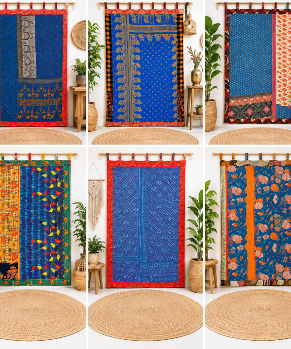 Blue Vintage Kantha Curtain – Handmade Cotton Patchwork Boho Indian Window Door Curtain – 1 Pc