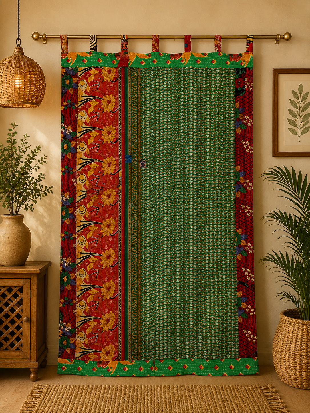 Green Vintage Kantha Curtain – Handmade Cotton Patchwork Boho Indian Window Door Curtain – 1 Pc - Image 3