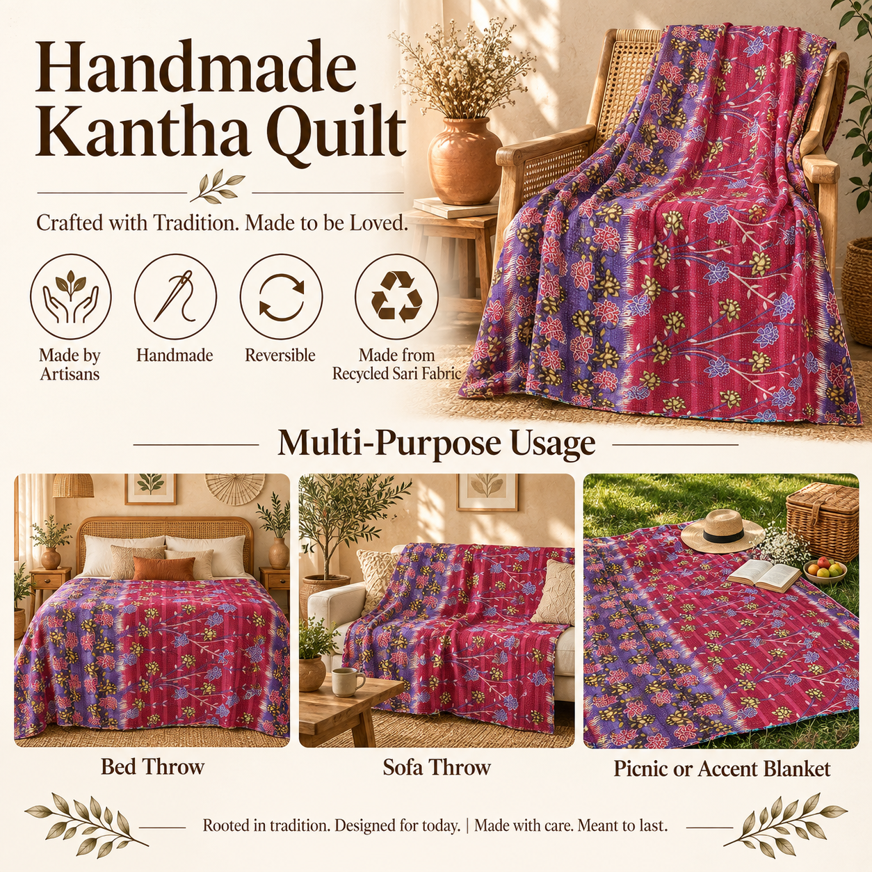 Vintage Pink Kantha Quilt – Handmade Floral Recycled Sari Cotton Bedspread Boho Throw, MN-VKQ-TW-1345 - Image 4