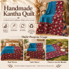 Vintage Handmade Kantha Quilt – Teal Blue & Burgundy Floral Recycled Sari Throw, Reversible Indian Bedspread - Image 4