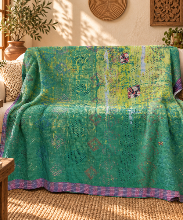 Emerald Green Vintage Kantha Quilt 60 x 90 Inches – Handmade Cotton Bedspread Throw – One of a Kind